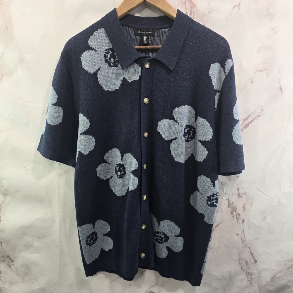 Art Of Rhetoric Sweater Mens Large Blue Polo Flower Floral Knit Short Sleeve